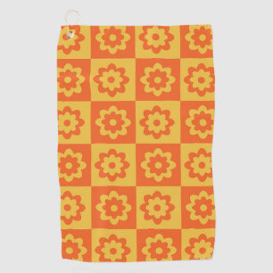 Toalla De Golf Flores Retro Hippie en Cuadros Amarillos y Naranja