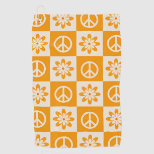 Toalla De Golf Flores y Signos de Paz Groovy Naranja a Cuadros