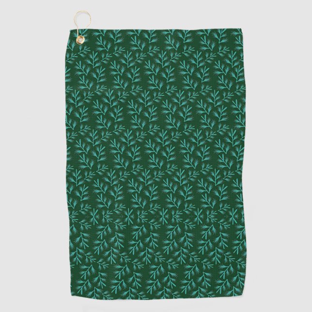 Toalla De Golf Fondo verde oscuro con hojas botánicas teal (Anverso)