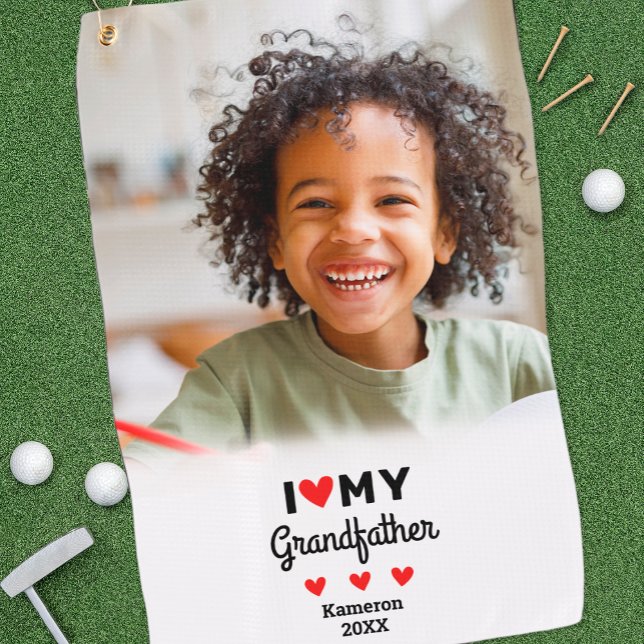 Toalla De Golf Foto: Amo a mi abuelo, Personalizado de nombre Gol (Photo I Heart Love My Grandfather Golfer Name Golf Towel)