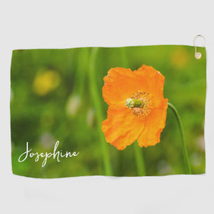 Toalla De Golf Foto de flor de amapola naranja en verde con nombr