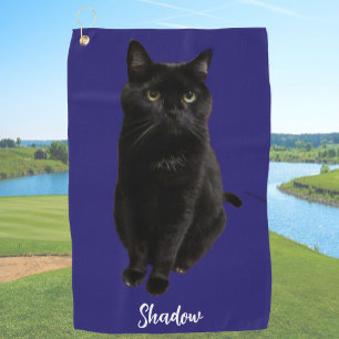 Toalla De Golf Foto de gato negro personalizada azul y nombre