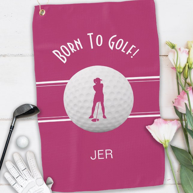 Toalla De Golf Fun Elegant Golfer Sports Silhouette Pink Moderno (Born to Golf Custom Golfer Silhouette Pink & White Custom Monogrammed Intials Golf Towel for Her)
