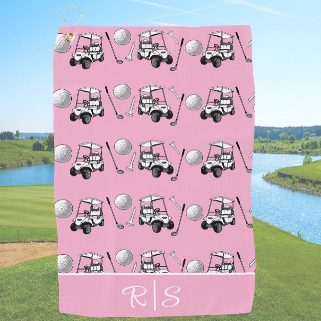 Toalla De Golf Fun Pink Golf Balls and Cute Cart Custom Monogram (Subido por el creador)