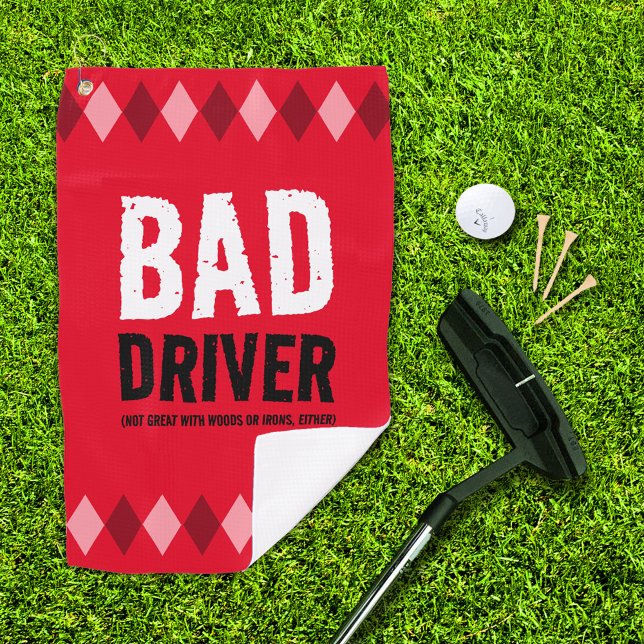 Toalla De Golf Funny Red Argyle Bad Driver ... (Bad Driver red argyle golf towel with putter, ball, and 3 tees on golf green)