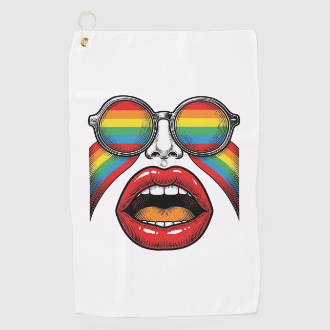 Toalla De Golf Gafas de sol arcoíris retro labios cara diseño vec (Anverso)