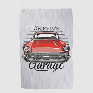 Toalla De Golf Garaje de coche clásico rojo retro con nombre pers