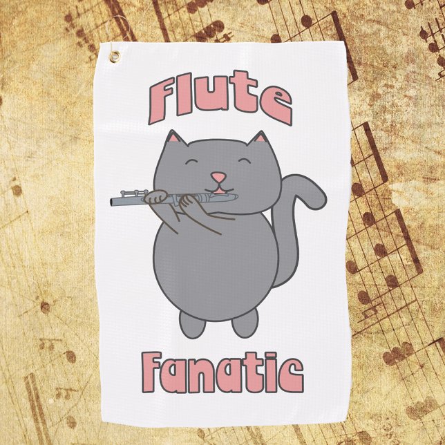 Toalla De Golf Gata Gris Flauta Fanática Rosa (A golf towel featuring a gray cat playing the flute with the words flute fanatic in pink.)
