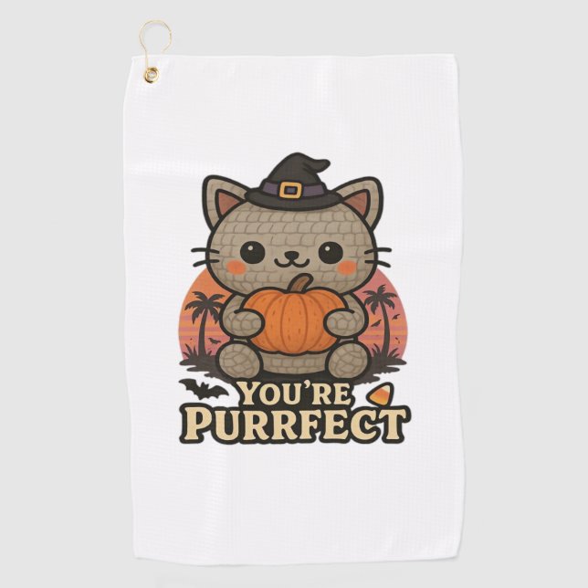 Toalla De Golf Gato de Kawaii Halloween con calabaza, sabor a bru (Anverso)