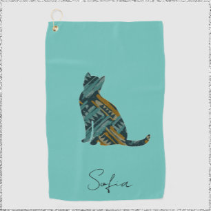Toalla De Golf Gato moderno turquesa azul y oro