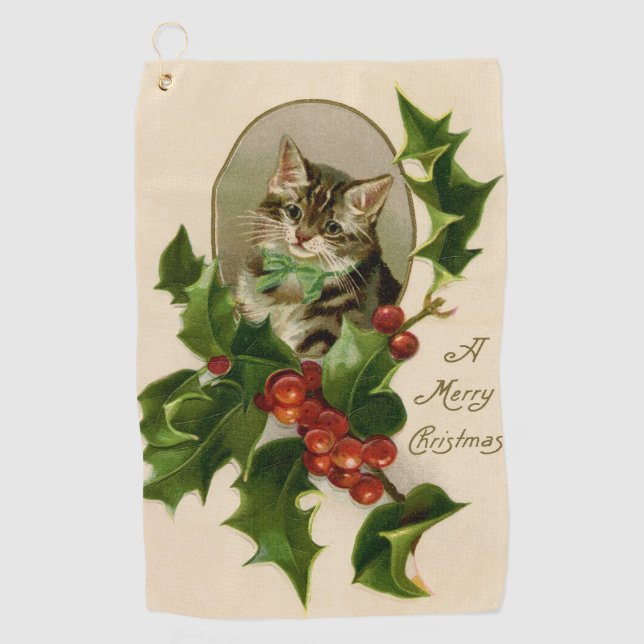 Toalla De Golf Gato Navidades Merry Holly Kitten Arte Antiguo (Anverso)