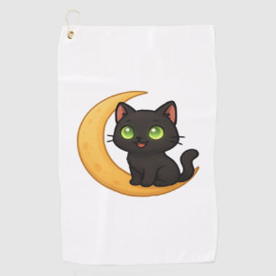 Toalla De Golf Gato negro sonriente con ojos verdes brillantes se