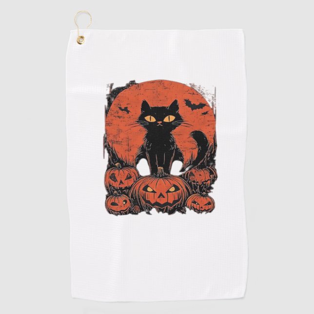 Toalla De Golf Gato negro y calabazas - Cla de arte de camisetas  (Anverso)