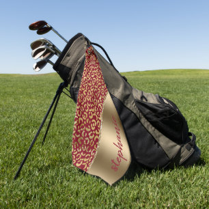 Toalla De Golf Glam Gold Foil Motas de Leopardo Burgundy Nombre
