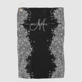Toalla De Golf Glitter Gris Plateado Negro Monograma Moderno