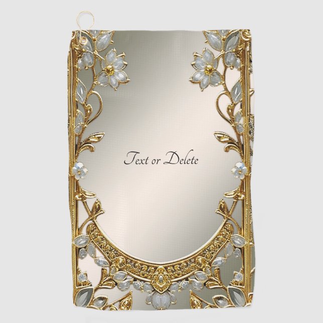 Toalla de golf Gold Ornate White Floral (Anverso)