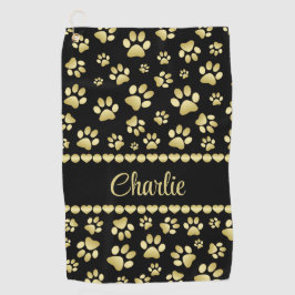 Toalla De Golf Golden Paw Prints on Black with Custom Name