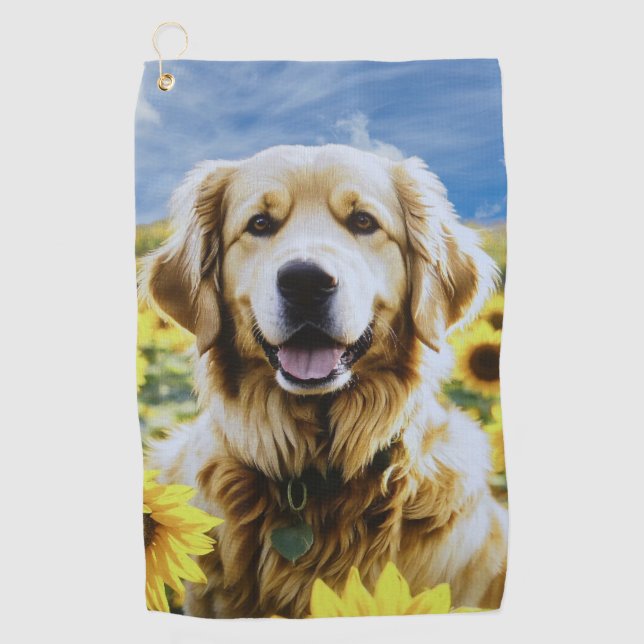 Toalla De Golf Golden Retriever in a Sunflower Field (Anverso)