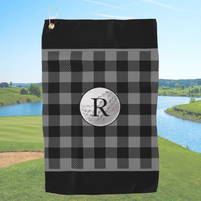 Toalla De Golf Golf ball monogrammed grey buffalo plaid custom (Subido por el creador)