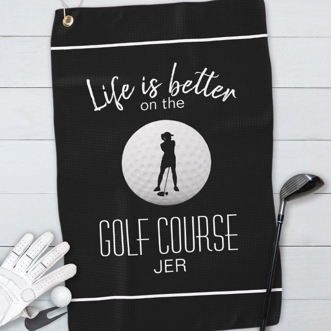 Toalla De Golf Golf Black Trendy Life Es Mejor Lady Silhouette (Golf Black & White Life Is Better Lady Silhouette Golf Towel Custom Monogram Unique Gift For Her
)