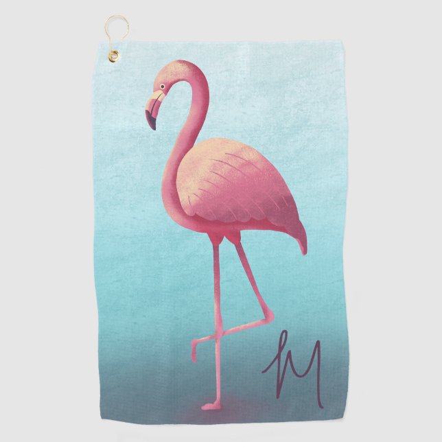 Toalla De Golf Golf Lover Flamingo Monograma Elegante Azul Rosa (Anverso)