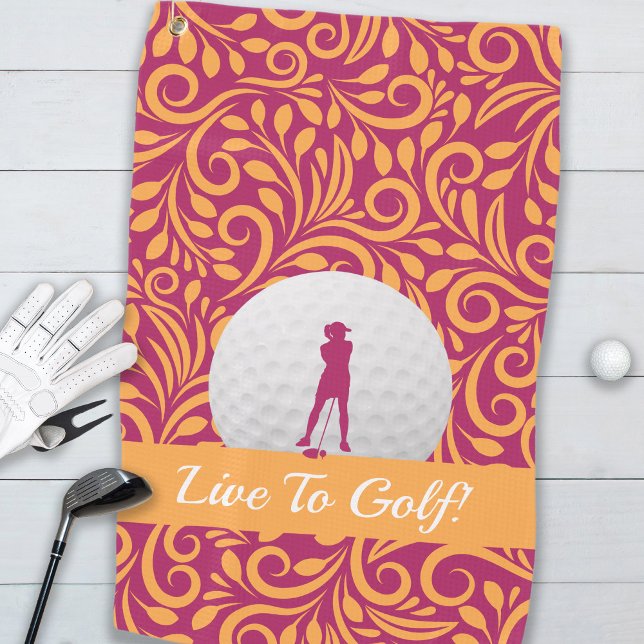 Toalla De Golf Golfer Feminine Lady Silhouette Naranja Rosa Girly (Live To Golf Lady Golfer Silhouette Pink Orange Golf Towel For Her)