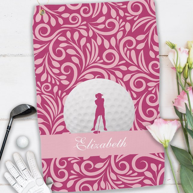 Toalla De Golf Golfer Lady Silhouette Pink Girly Custom Name (Subido por el creador)