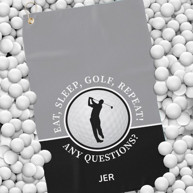 Toalla De Golf Golfer Male Silhouette Golf Ball Cita Gris Negro (Funny Personalized Initials Golfing Quote Golfer Male Silhouette on Golf Ball Black Gray Golf Towel)