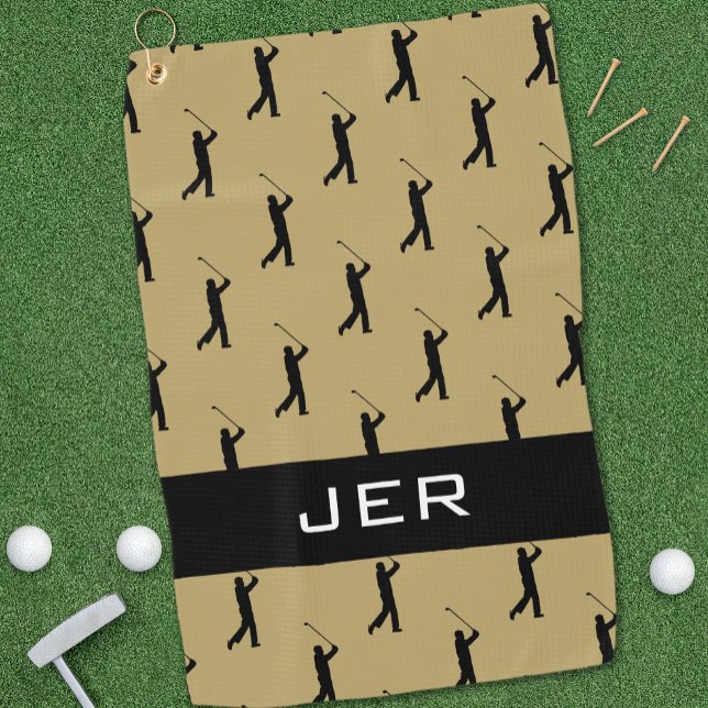 Toalla De Golf Golfista Patrón Monogramado Personalizado Oro Negr (Golfer Custom Monogrammed Pattern Gold Black Pro Golf Towel)