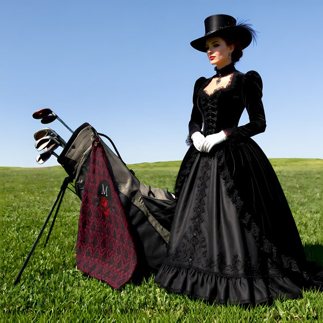 Toalla De Golf Gothic Red Damask Rose Monogram (Subido por el creador)