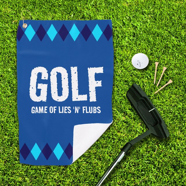 Toalla De Golf Gracioso Golf Blue Argyle (Juego de mentiras 'n' F (Game of Lies 'n' Flubs blue argyle golf towel with putter, golf ball, and 3 tees on golf green)