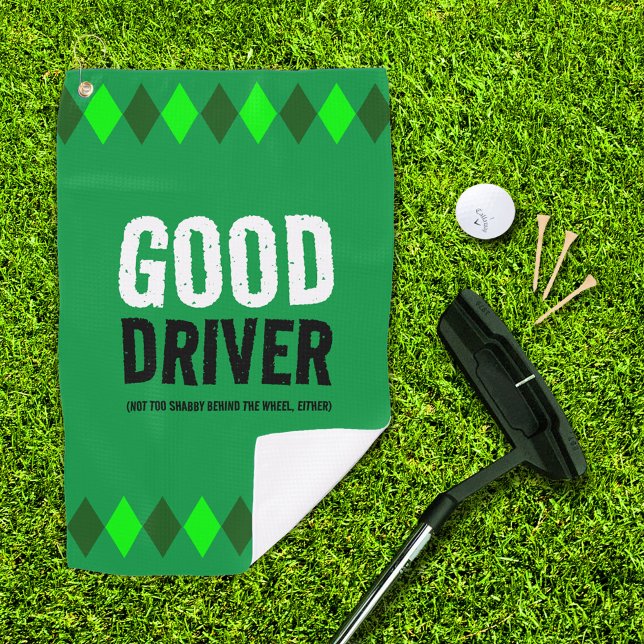 Toalla De Golf Gracioso Green Argyle Buen Conductor... (Good Driver green argyle golf towel with putter, ball, and 3 tees on golf green)