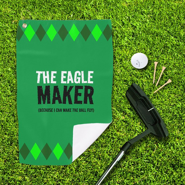 Toalla De Golf Green Argyle The Eagle Maker (The Eagle Maker green argyle golf towel with putter, ball, and 3 tees on golf green)