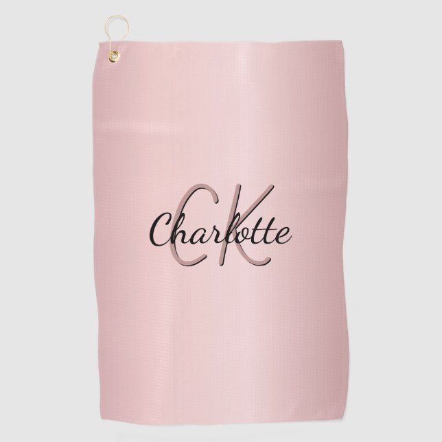 Toalla De Golf Guión de nombre de monograma rosa Rubor (Anverso)