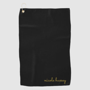 Toalla De Golf Guión negro y dorado   Monograma moderno elegante