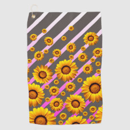 Toalla De Golf Hermosas flores amarillas sobre rayas grises y ros