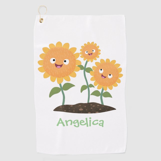 Toalla De Golf Hermosos girasoles alegres sonrientes ilustracion  (Anverso)