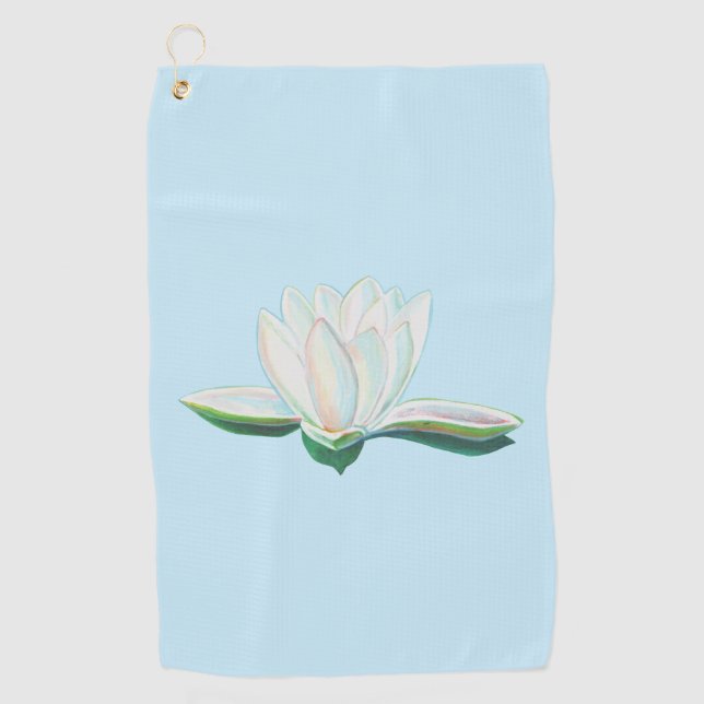 Toalla De Golf Ilustracion azul de flores blanco Lotus (Anverso)