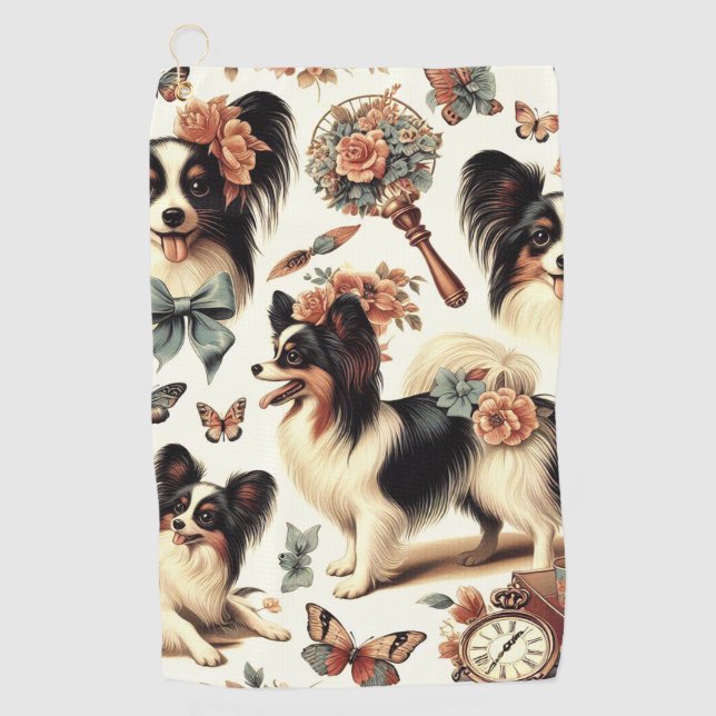 Toalla De Golf Ilustracion Cute Vintage Papillon Dog (Anverso)