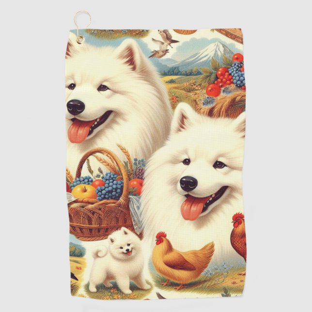 Toalla De Golf Ilustracion de perro Samoyed de época (Anverso)