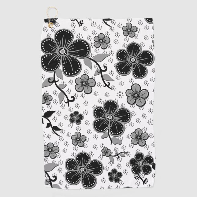 Toalla De Golf Impresión floral en blanco y negro (Anverso)