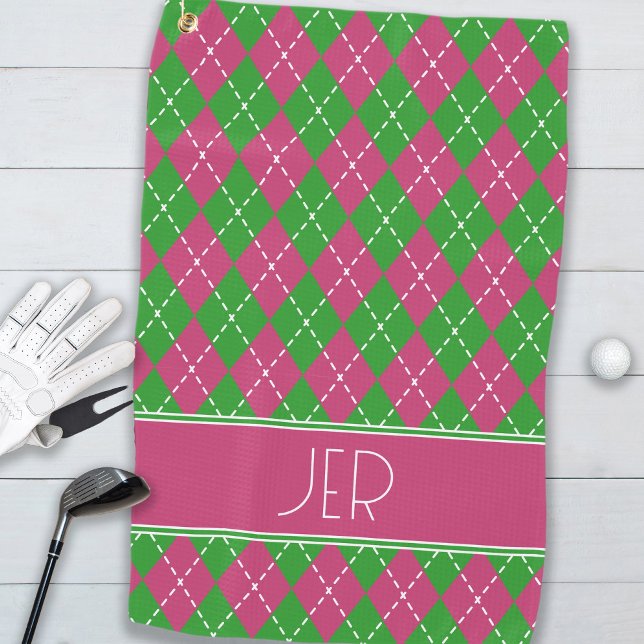 Toalla De Golf Iniciales de monograma de Personalizado verde rosa (Argyle Plaid Pink Green Custom Monogram Initials Golf Towel)