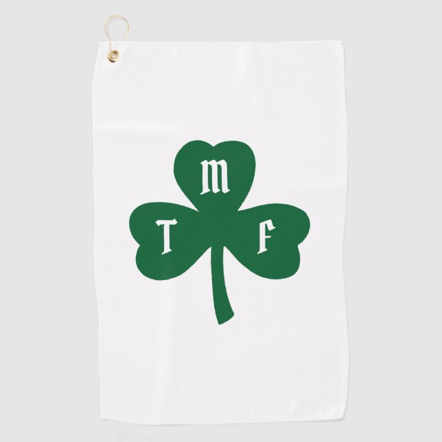 Toalla De Golf Iniciales del monograma Shamrock verde afortunado (Anverso)