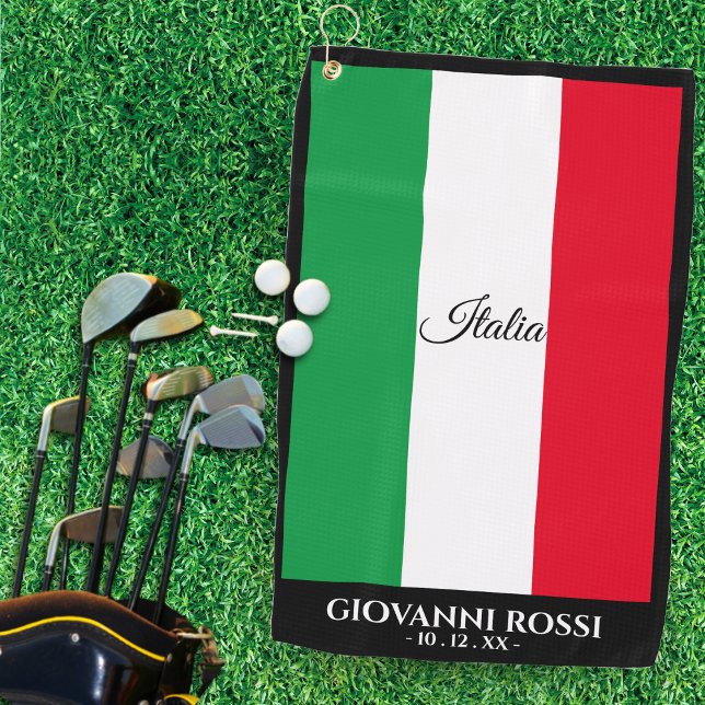 Toalla De Golf Italia Bandera Italiana Nombre del guarnecido negr (Italy Italian Flag Black Trim Name Text Italia Golf Towel)