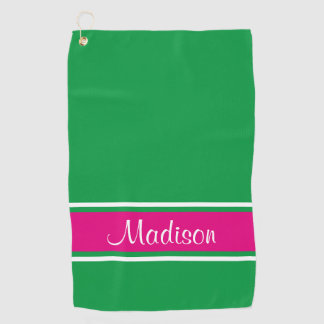 Toalla De Golf Kelly Green Pink Stripe Script Name