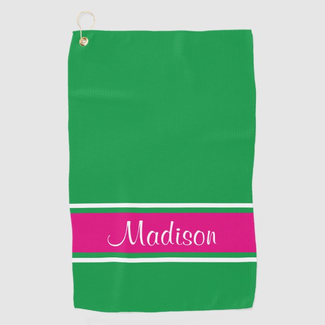 Toalla De Golf Kelly Green Pink Stripe Script Name (Anverso)