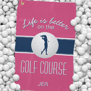 Toalla De Golf La vida es mejor cita golf monograma rosa intenso