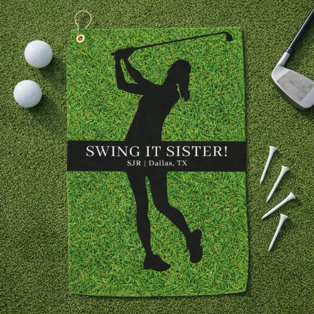 Toalla De Golf Lady Golfer Golf Green Silhouette Monogram (Personalize with Initials, City and State.  Edit caption too, if you wish.)