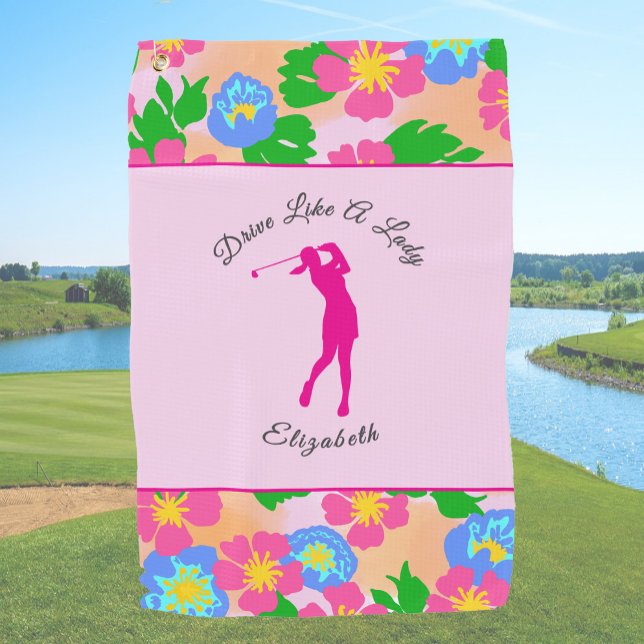 Toalla De Golf Lady Golfer Pink Floral Preppy Custom Name Ladies (Subido por el creador)