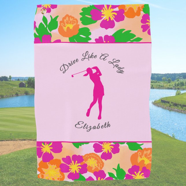 Toalla De Golf Lady Golfer Pink Floral Preppy Custom Name Ladies (Subido por el creador)